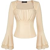 Scarlet Darkness Long Sleeve Tops for Women Square Neck Shirts Fitted Fall Blouse Goth Victorian Tees Going Out Clothes