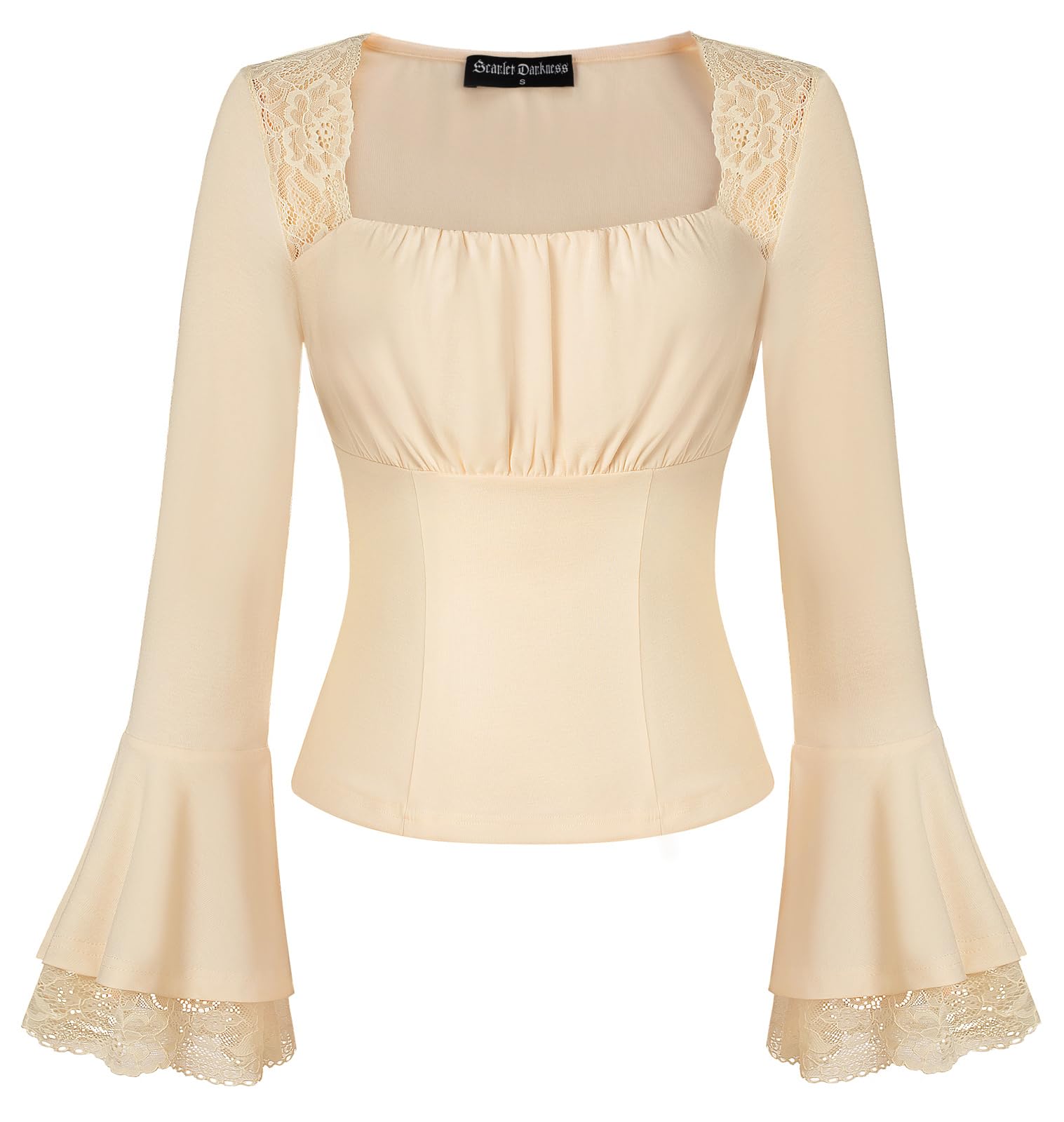 SCARLET DARKNESS Womens Apricot Gothic Lace Shirt Ruched Bust Steampunk Y2K Top Long Sleeve Wedding Date Vintage Medieval Tops XL — image 1