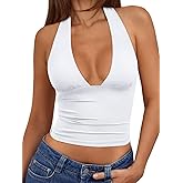 Trendy Queen Womens Halter Crop Tank Tops Backless Deep V Neck Double Lined Going Out Tops Summer Open Back Teens Cute Shirts