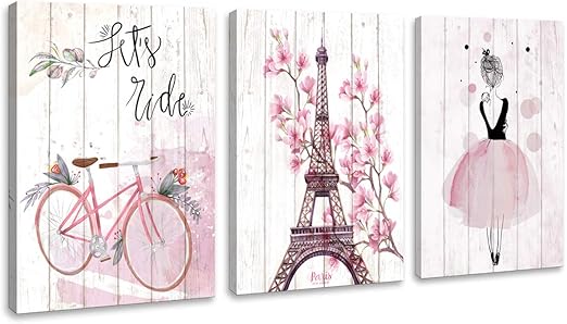 Amazon Com Paris Eiffel Tower Wall Decor Bicycle For Girls Bedroom Pink Paris Room Decor Paris Bathroom Wall Decor Modern Home Art Artwork For Walls Canvas Framed Wall Decoration Size 12x16 Each Panel