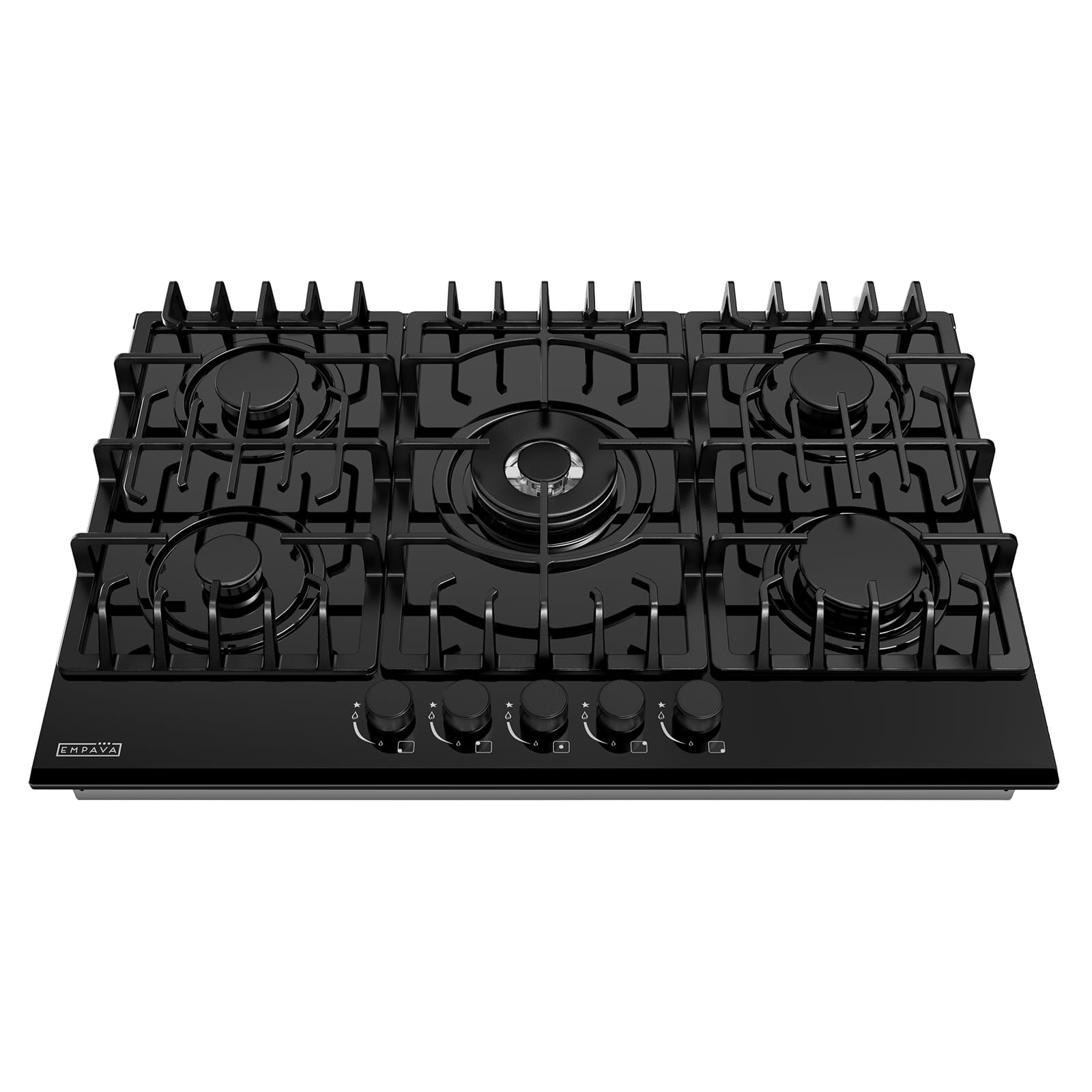 Empava Estufa de gas de 30 pulgadas, 5 quemadores sellados Italia Sabaf convertibles NG/LPG en vidrio templado negro, 30 pulgadas