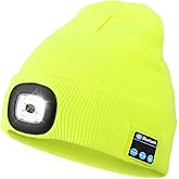 Wmcaps Bluetooth Beanie with a Light, Unisex USB Rechargeable 4 LED Fashlight Hat with Cordless Headphones, Unique Christmas Birthday Gifts for Men Him Husband Teen Fluorescent Yellow