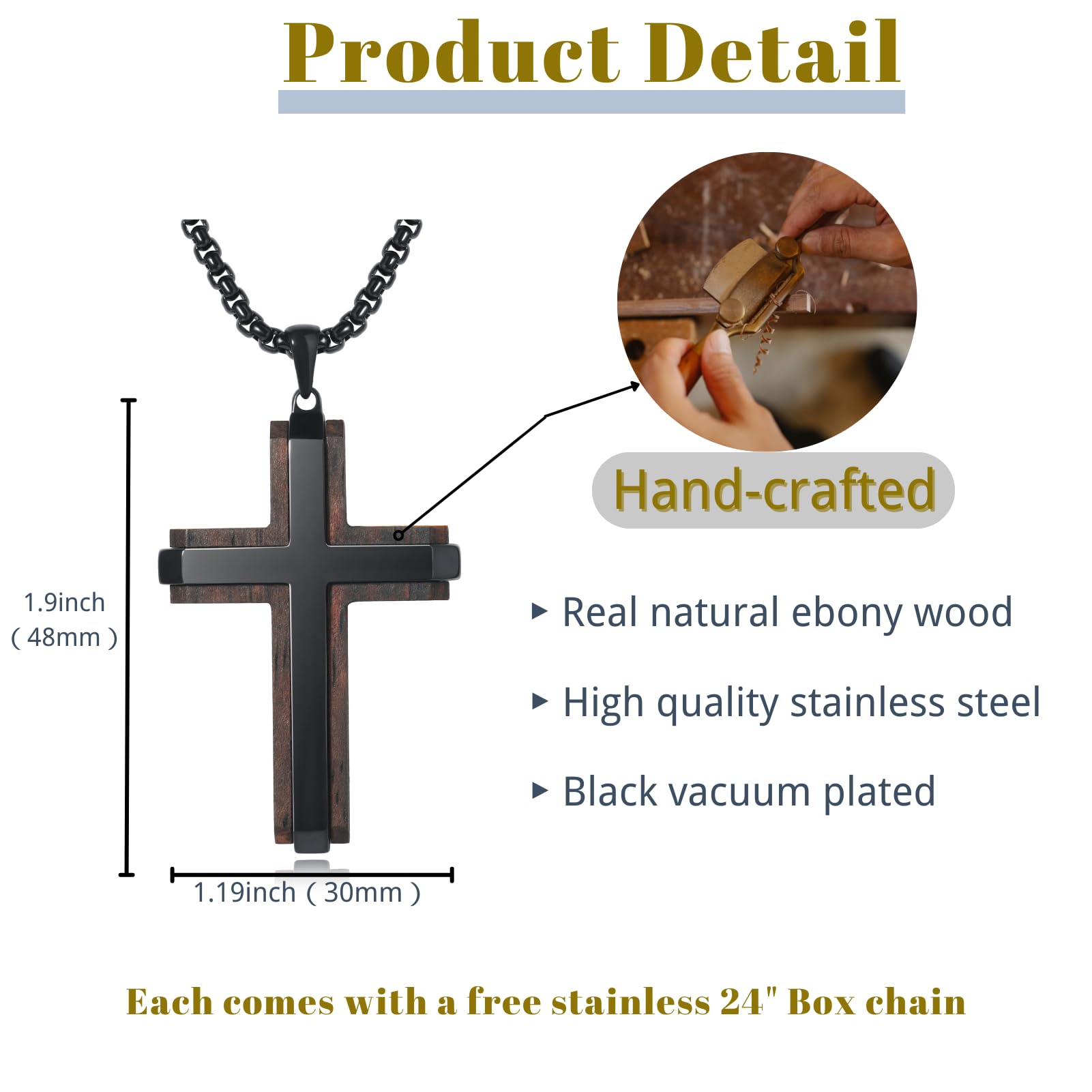 Ropartman Wooden Cross Necklace for Men, Real Ebony Mens Cross Necklaces Black Stainless Steel Christian Christian Gifts for Men Wood Crucifix Pendant, with Necklace 24