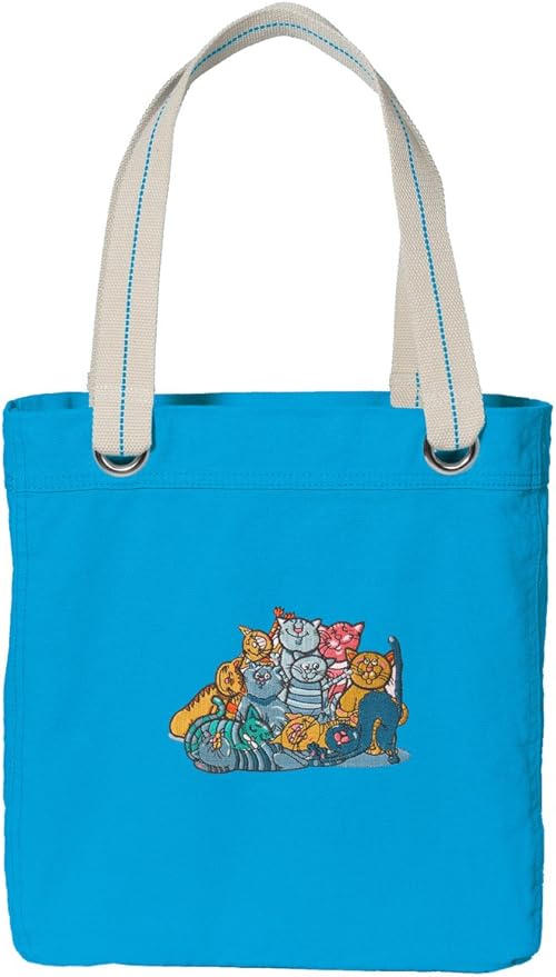Cats Tote Bag DELUXE Dye Washed COTTON CANVAS Turquoise
