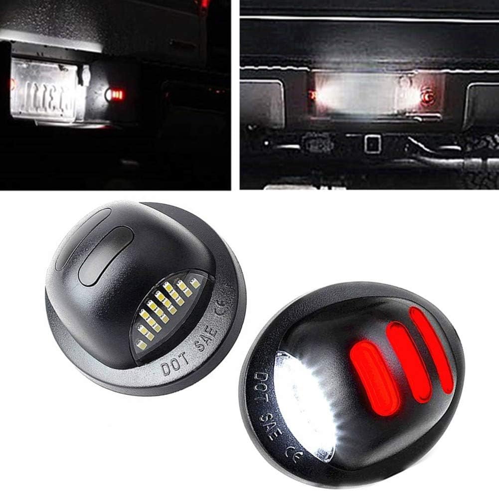 esolun White LED License Plate Light Assembly with Red Running Lamp Replacement Tag Lights for 1990-2014 Ford F-150, F-250 F-350
