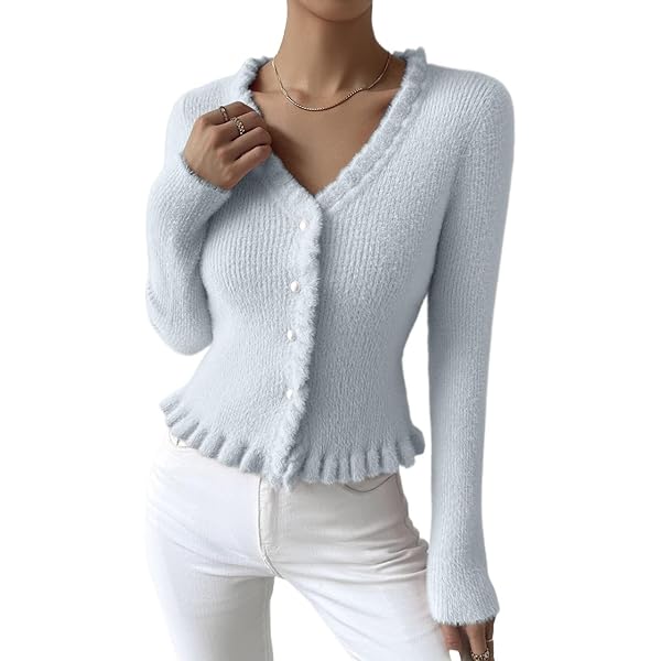 Cardigan for Women Frill Trim Button Front Cardigan Sweaters