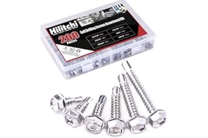 Hilitchi 410 Stainless Steel #10 Hex Washer Head Self Drilling Sheet Metal Tek Screws Assortment Kit Set with Drill Point, Self Driller, 200 Pieces