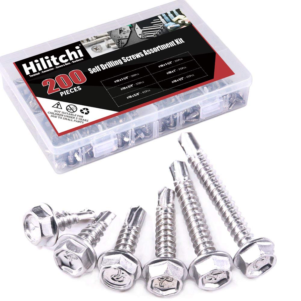 Hilitchi 410 Stainless Steel #10 Hex Washer Head Self Drilling Sheet Metal Tek Screws Assortment Kit Set with Drill Point, Self Driller, 200 pieces