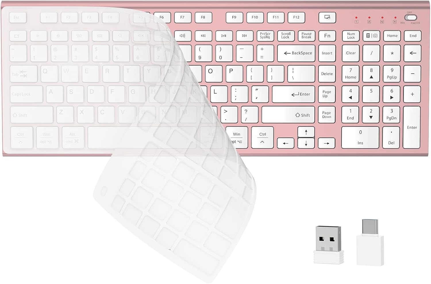 FENIFOX Wireless Silent Keyboard, Ultra Quiet USB C Low Profile Compact Full Size with Number Pad Flat Slim Thin Soft Touch for Mac Computer MacBook iMac PC Laptop Desktop Office (Pink Rose Gold)