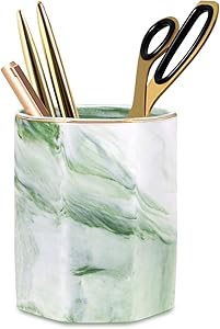 WAVEYU Pencil Holder, Pencil Cup for Desk, Makeup Brush Holder Cup, Cute Pencil Stand Marble Decorative for Kids Durable Ceramic Desk Organizer for Office, Classroom, Home, Green Marble