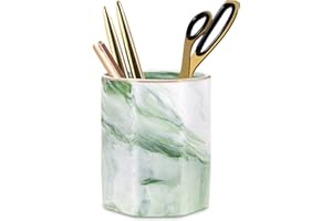 WAVEYU Pencil Holder, Pencil Cup for Desk, Makeup Brush Holder Cup, Cute Pencil Stand Marble Decorative for Kids Durable Ceramic Desk Organizer for Office, Classroom, Home, Green Marble