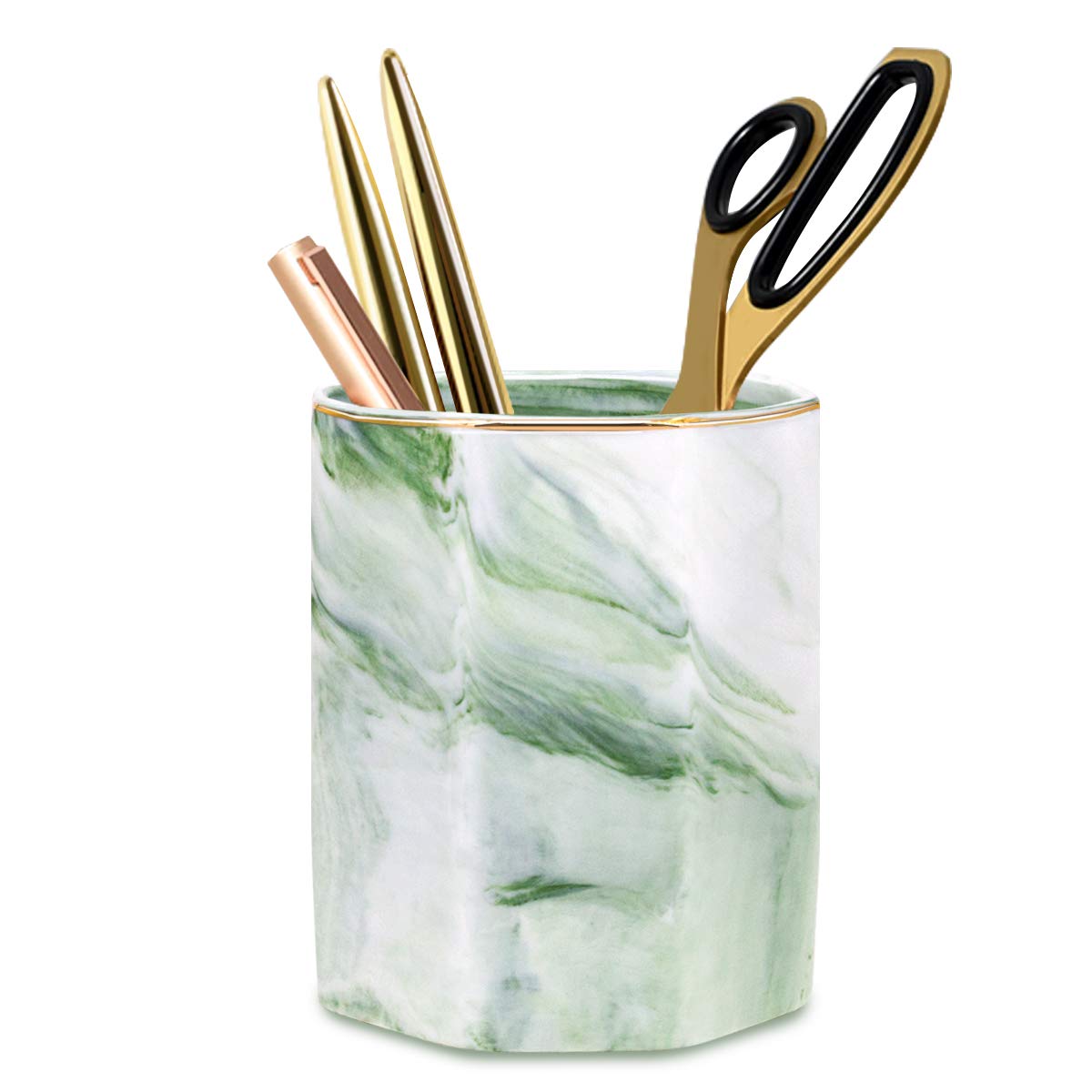 WAVEYU Pencil Holder, Pencil Cup for Desk, Makeup Brush Holder Cup, Cute Pencil Stand Marble Decorative for Kids Durable Ceramic Desk Organizer for Office, Classroom, Home, Green Marble