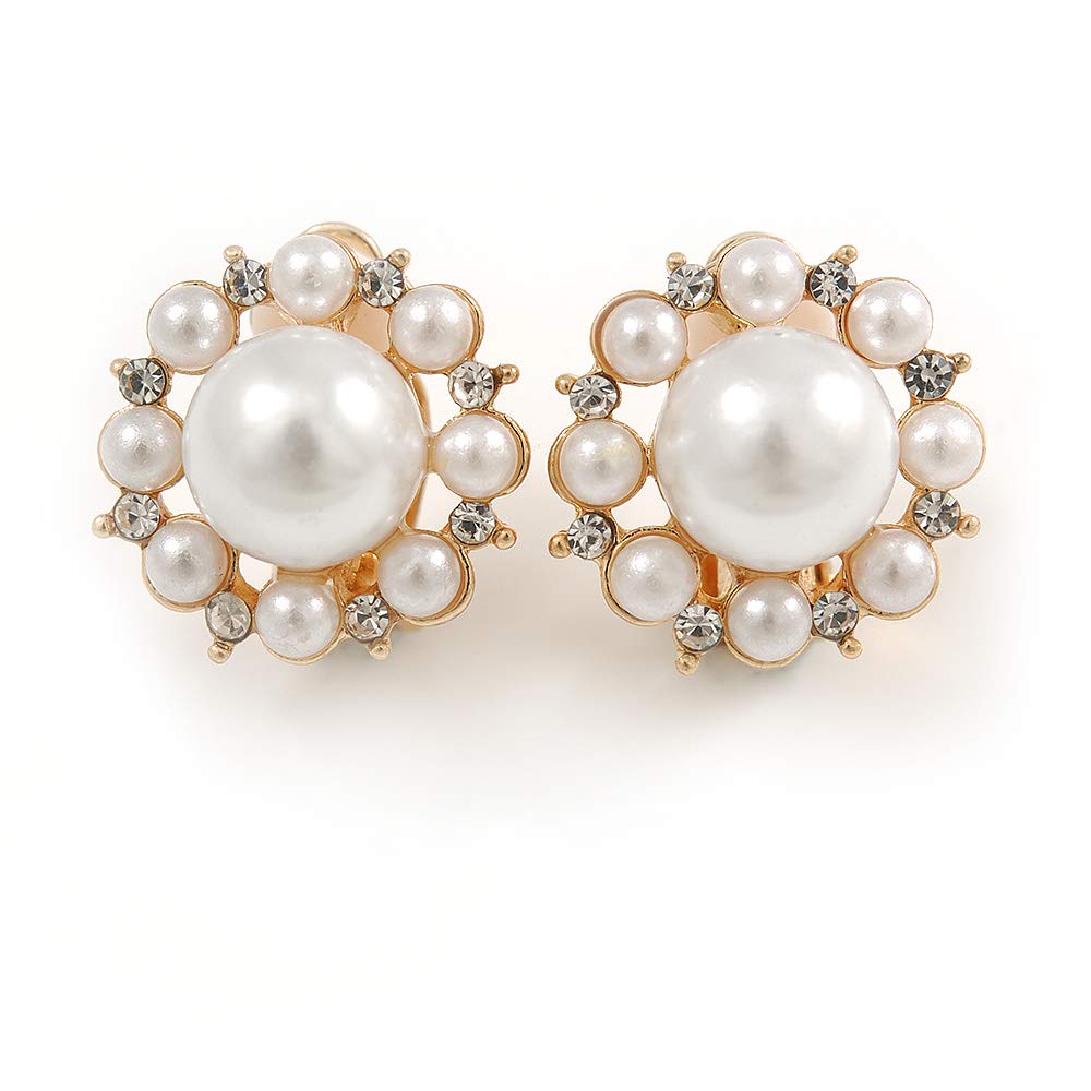 18mm/ Gold Tone White Faux Pearl Crystal Floral Clip On Earrings