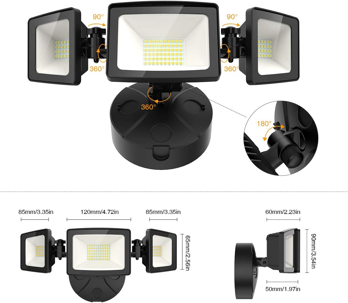 Onforu 2 Pack 50W LED Security Light, 5000LM LED Flood Light Outdoor Fixture with 3 Adjustable Heads, IP65 Waterproof, 5000K Day White Wall Mount Security Light for Eave, Exterior Garden, Porch - - 
