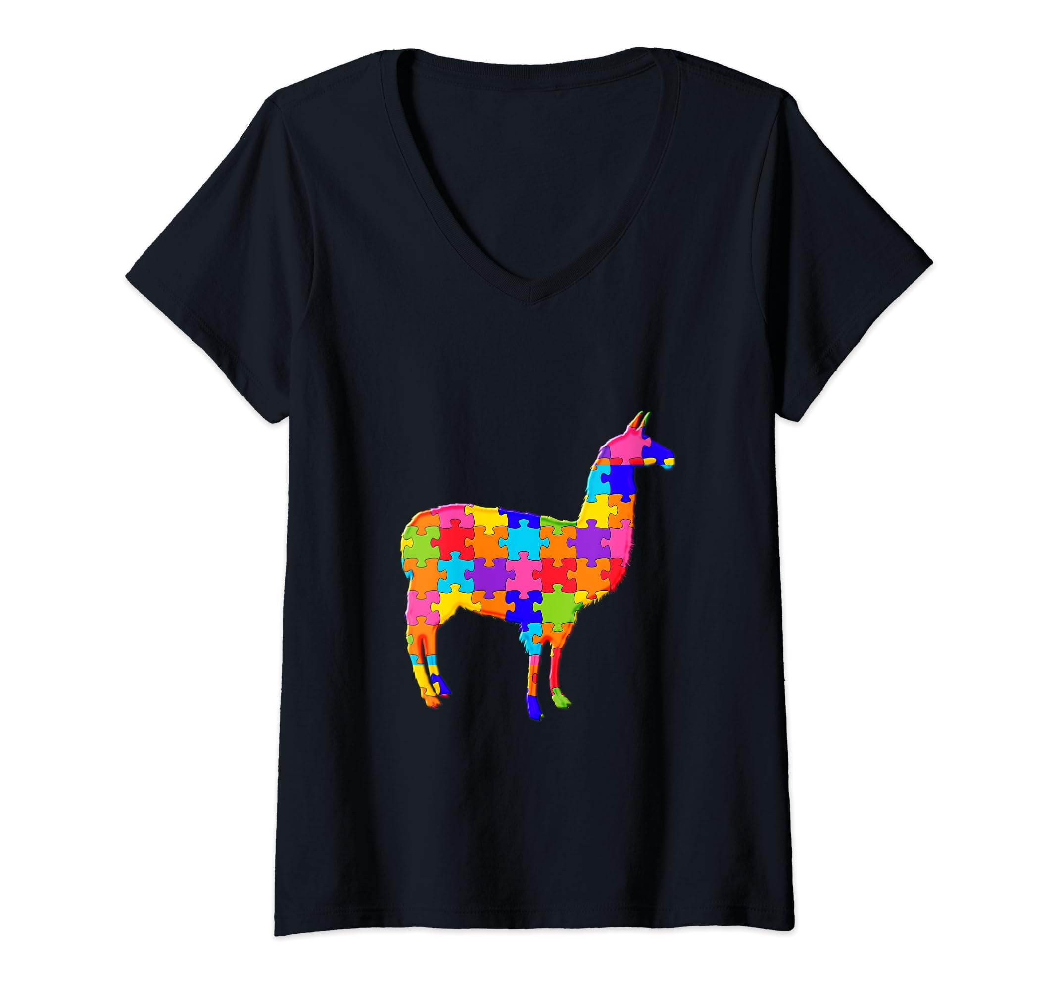 Womens Llama alpaca Lama Jigsaw Autism Puzzle V-Neck T-Shirt