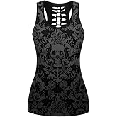 Sister Amy Women's Skull Print Hollow Out T-Shirt Crew Neck Plus Size Tank Top