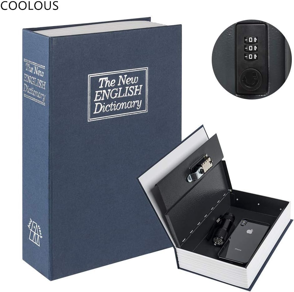 COOLOUS Diversion Book Safe with Combination Lock, Safe Secret Hidden Metal Lock Box,Money Hiding Box,Collection Box,9.5" x 6.1" x 2 .1" Navy Large