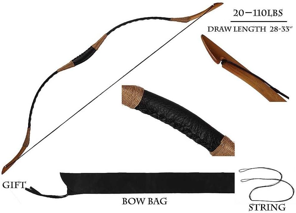 PG1ARCHERY Traditional Archery Recurve Bow Handmade Leather Mongolian Horsebow Longbow Practice Hunting Sports Left Right Hand 20-110 LBS