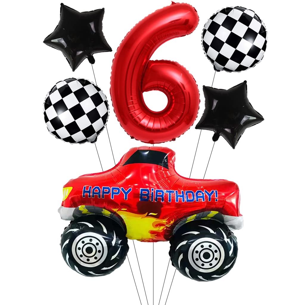 Liitata Car Party Balloons Giant Race Car Balloon 6th Race Truck Birthday Decor Red Number 6 Foil Balloon Checkered Flag Balloons Star Balloon for Boy Birthday Party Theme Party