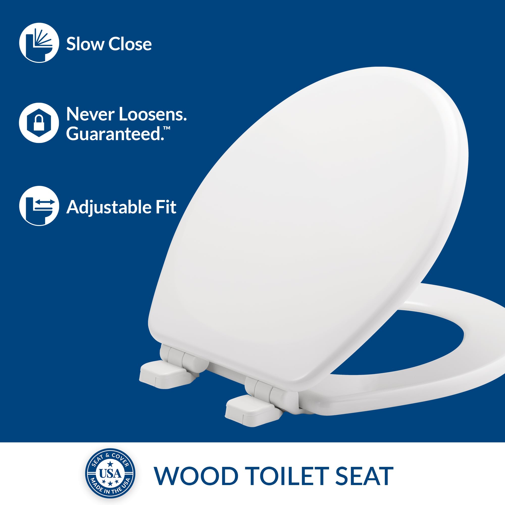 Mayfair Linden Slow Close Toilet Seat, Non Slip Heavy Duty Wood, Easy Install, Round, White