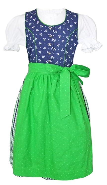 Isar-Trachten Kinder Dirndl Kimberly 3-TLG. - Blau Grün - Mädchen Kleid mit Bluse und Schürze