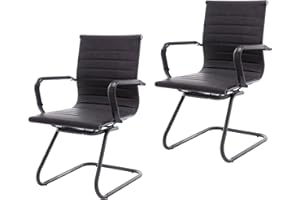 CIMOTA Waiting Room Chairs Leather Office Guest Chair Mid Back Reception Chairs with Sled Base for Meeting/Patient/Conference Room, Retro Black Set of 2