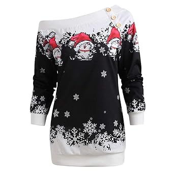 CharMma Damen Weihnachten Pullover Langarmshirt Santa Claus und Schnee Druck Sweatshirt (Schwarz-Weiß, XL)