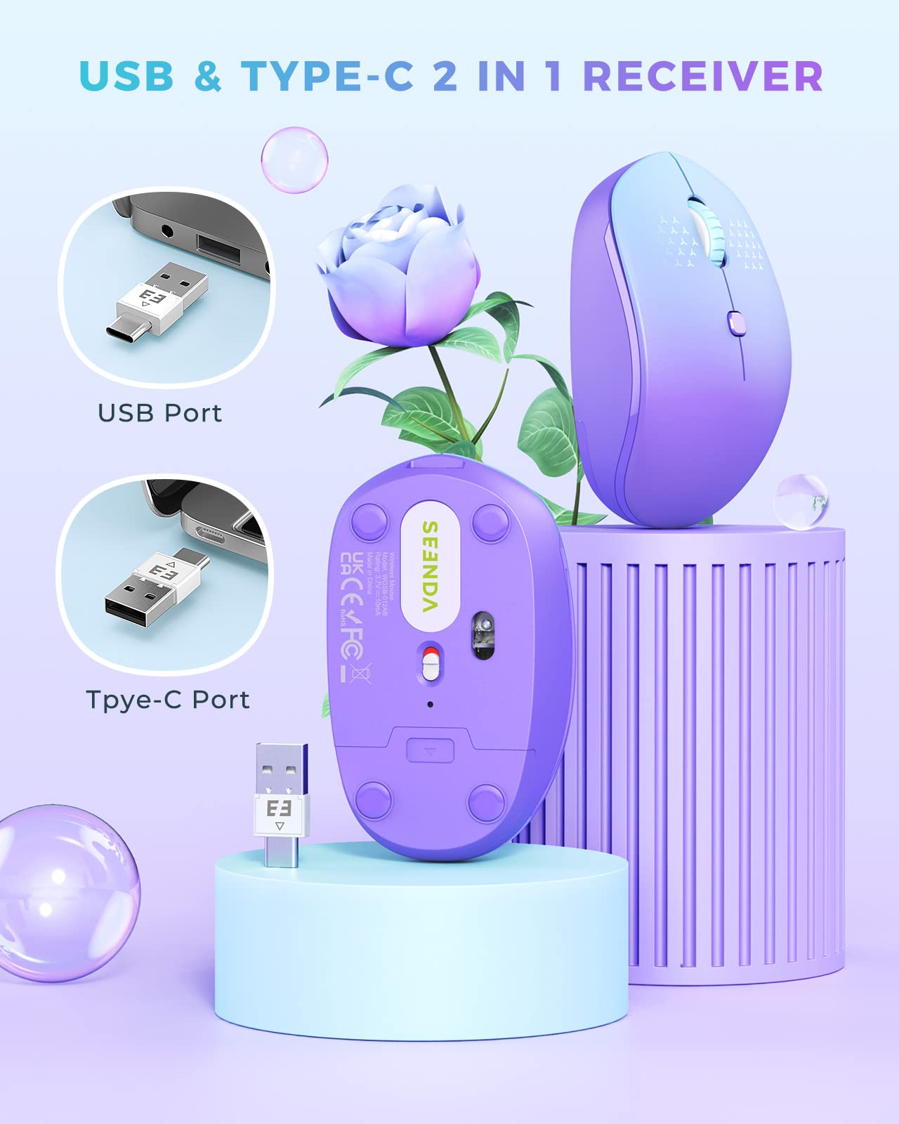 seenda USB C Wireless Mouse with Build-in Mouse Jiggler, USB & Type C 2 in 1 Recever, Rechargeable, Compatible with USB and Type C Enabled Devices, Purple