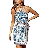 CUPSHE Women's Summer Dresses Floral Boho Halter Crisscross Backless Wrap Beach Vacation Smocked Mini Dress
