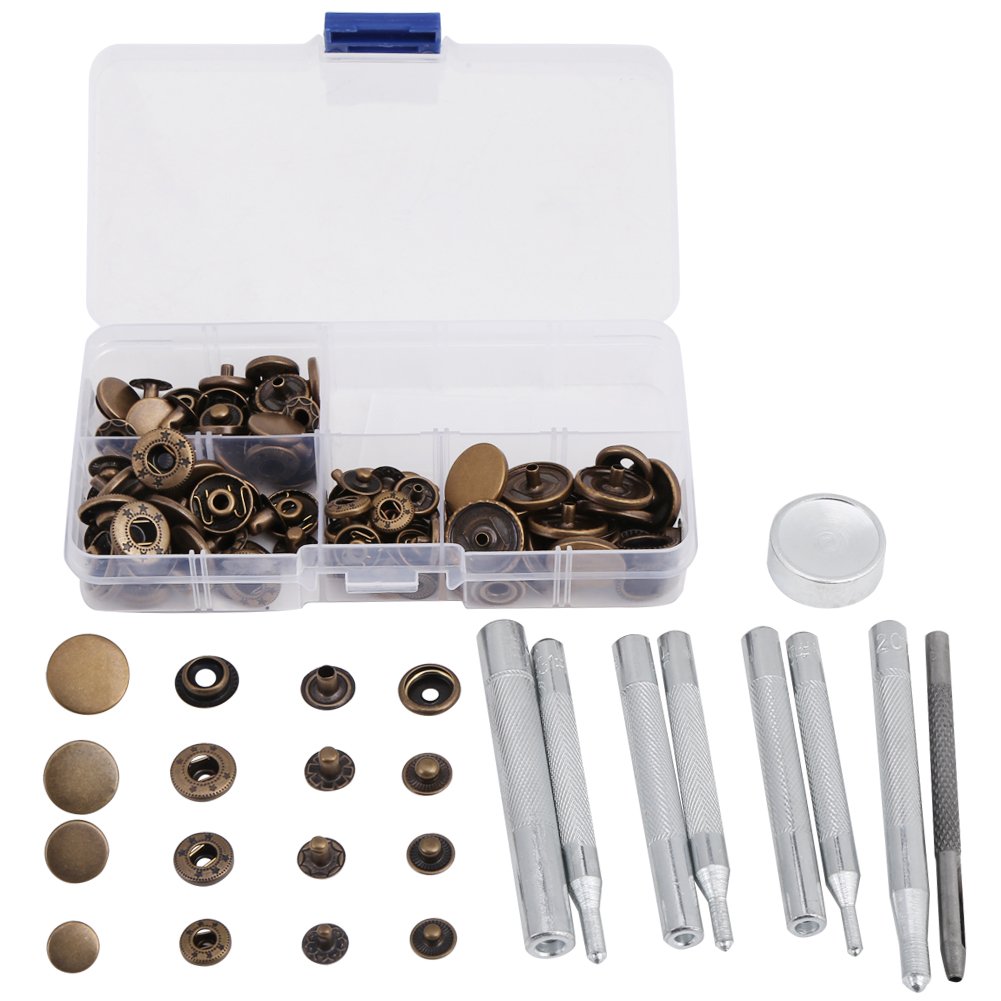 40 PCS Brass Snap Button Press Stud Fastener,Installation Tool Set 633+655+831+201 Mixed Size Clothes Accessories with Snap Installation Tool(Bronze)