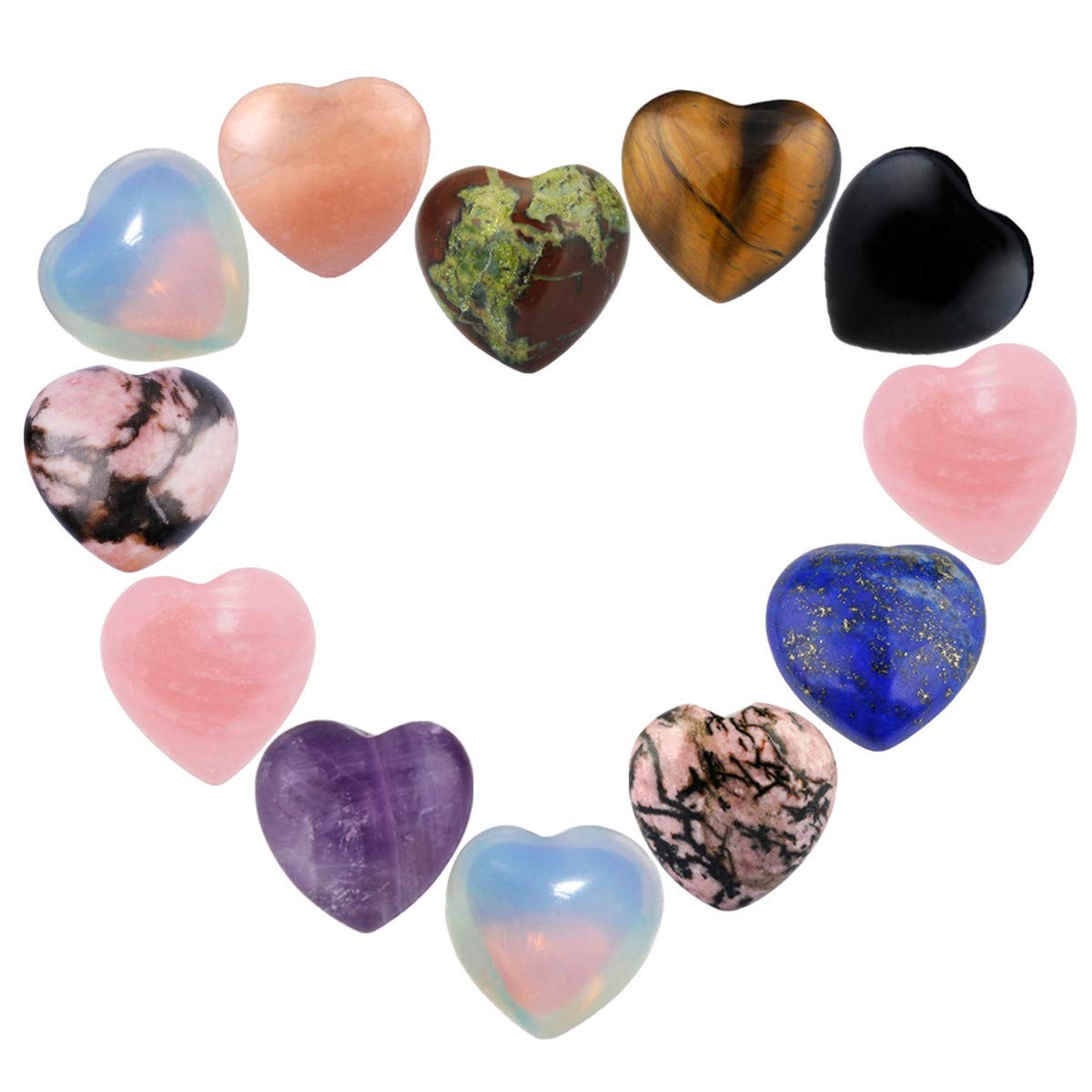 Nupuyai 12pcs Various Stones Crystal Heart Love Palm Worry Stone for Chakra Healing, Carved Stone for Home Decoration 1.5cm