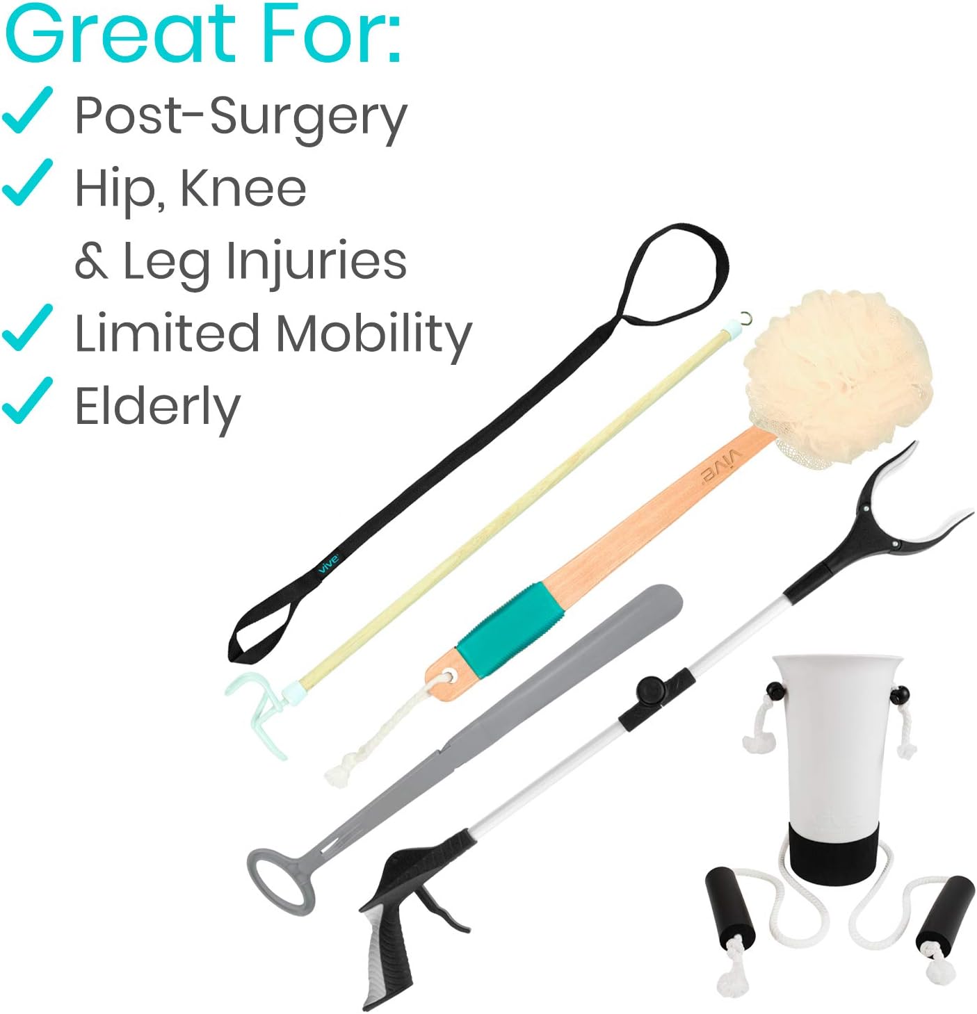 Vive 6 Piece Hip And Knee Replacement Kit - Surgery Recovery Set - Handicap Aid, Leg Loop Lifter, Reacher Grabber, Long Handle Shoe Horn, Shower Loofah Scrubber, Sock Assist, Dressing Stick (6 Pieces): Health & Personal Care