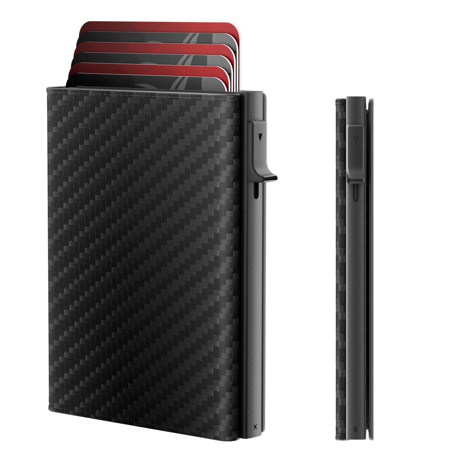 Photo 1 of Mens Wallet Card Holder - Smart Wallet for Men, Pop Up Card Case, Top Grain Leather, RFID Blocking, Slim, Minimalist, Ultra-Thin, Front Pocket, 12 Card Capacity | ID Window | Cash Slot (Carbon Fiber)