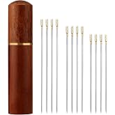 12pcs Self Threading Needles, 3 Sizes Top Hanging Needles Embroidery Blind Needles Kit with Sandalwood Needle Box Hand Yarn Knitting Stitching Needles for DIY Embroidery Mending Sewing Projects (Gold)
