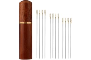 XIHIRCD 12pcs Self Threading Needles, 3 Sizes Top Hanging Needles Embroidery Blind Needles Kit with Sandalwood Needle Box Hand Yarn Knitting Stitching Needles for DIY Embroidery Mending Sewing Projects (Gold)
