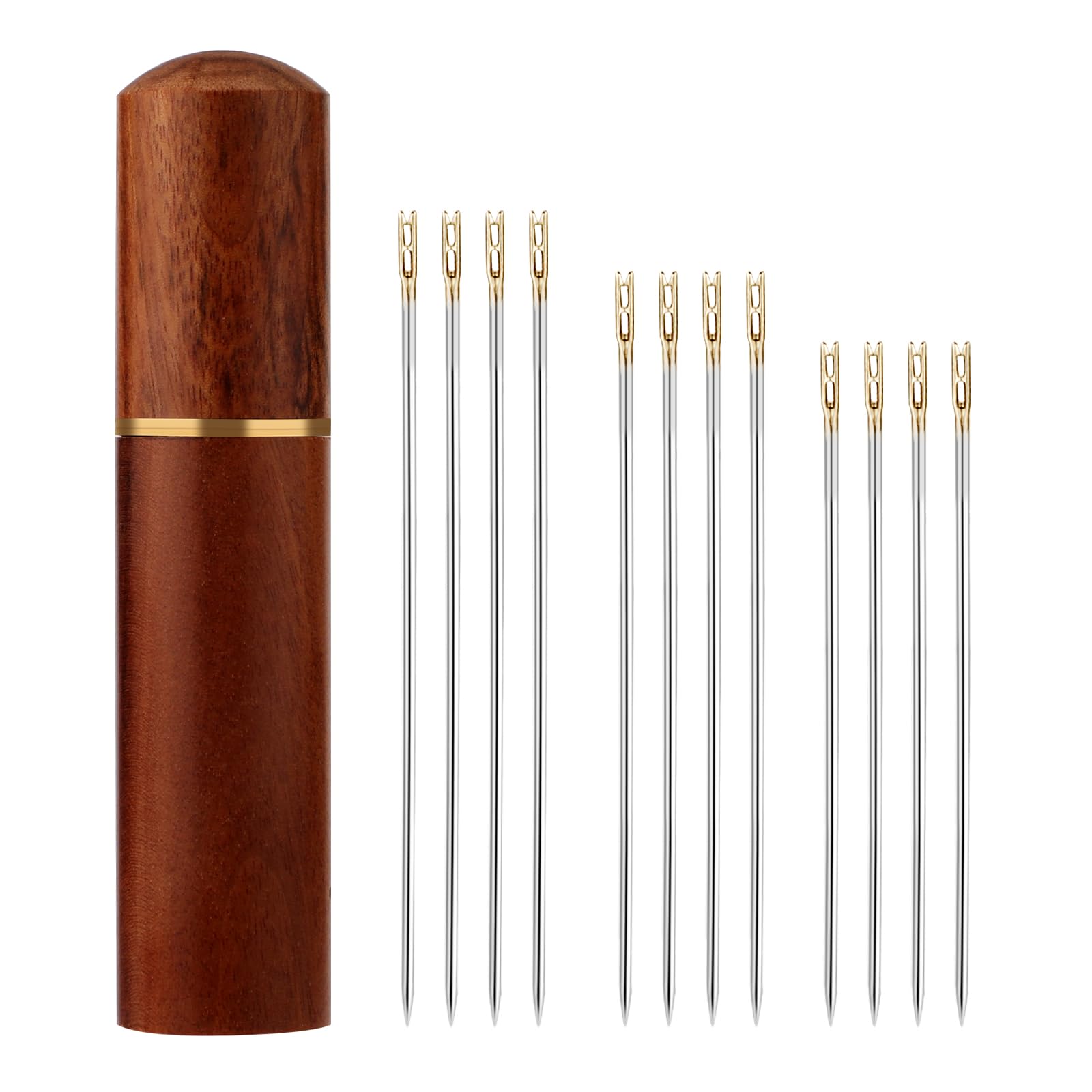 Photo 1 of 12pcs Self Threading Needles, 3 Sizes Top Hanging Needles Embroidery Blind Needles Kit with Sandalwood Needle Box Hand Yarn Knitting Stitching Needles for DIY Embroidery Mending Sewing Projects (Gold)