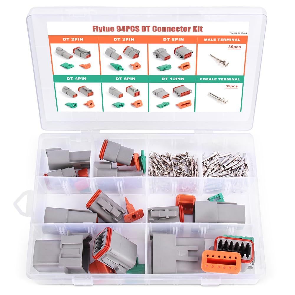 Flytuo 94PCS Automotive Wire Connector Plug, 8 Sets 2 3 4 6 8 12 Pin DT Connector Assortment Kit, Waterproof Automotive Electrical Connectors for Motorcycle, Truck, Car, Boats, Scooter
