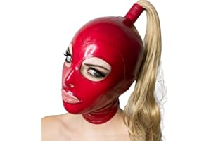 Latex Hood with Braid and Eye Hole, Red Full Face Cover with Zipper for Master, Queen, Sex, BDSM, Party, Cosplay, Holiday