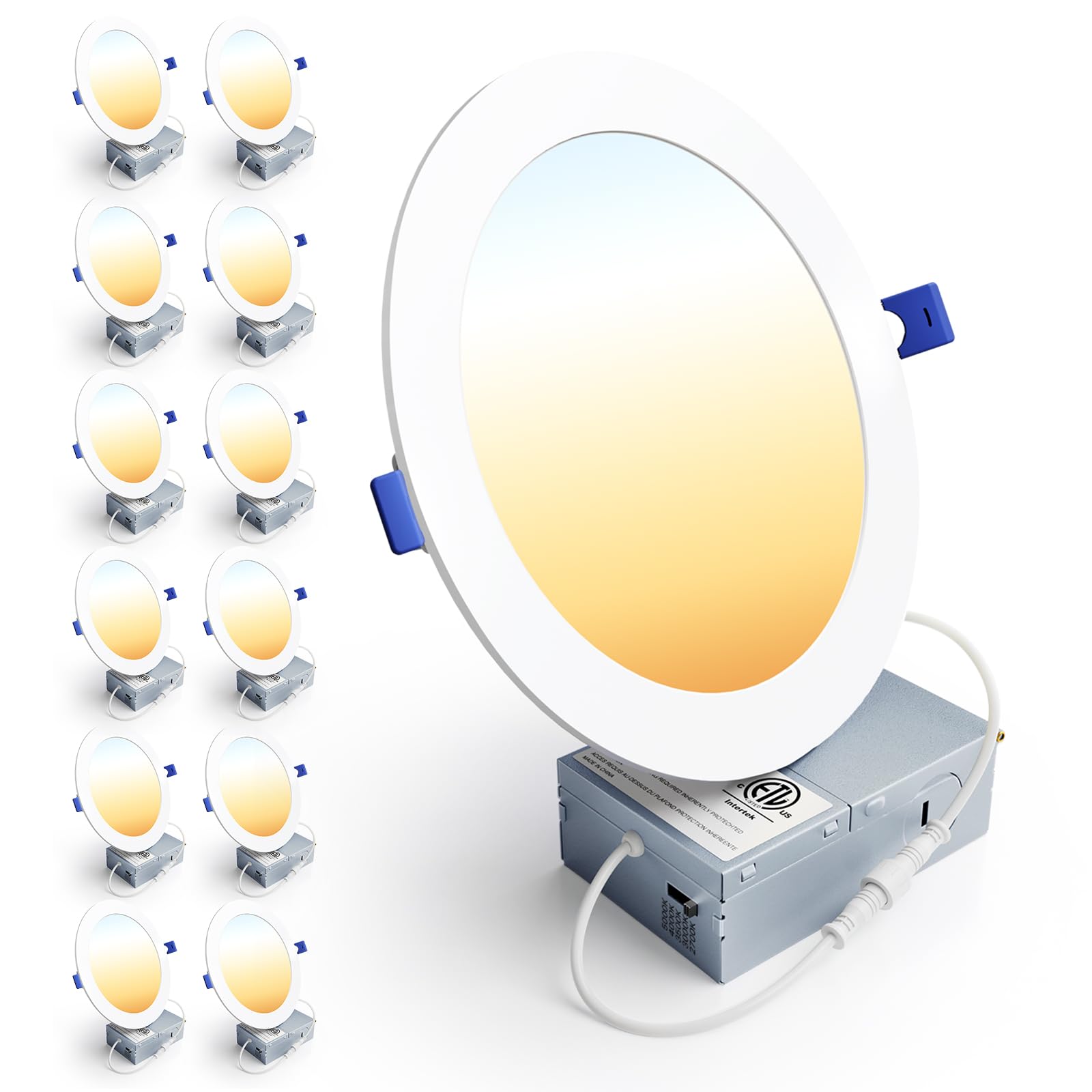 Photo 1 of Ensenior 12 Pack 7 Inch LED Recessed Ceiling Light, Dimmable, 2700K-5000K 5CCT, 1300LM 15W 120V, High Brightness Canless Wafer Downligh