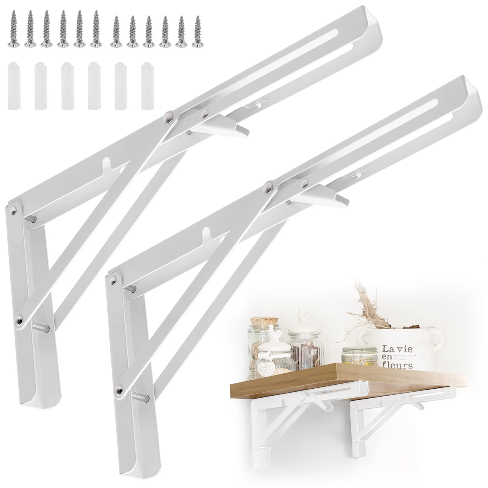 LTHERMELK Folding Shelf Brackets 12Inch, 2 Pcs Heavy Duty Stainless Steel Collapsible Shelf Bracket Wall Mounted DIY Triangle Brackets for Table Work Bench Space Saving, Max Load 75kg