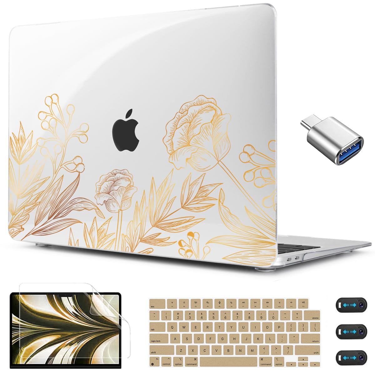 Photo 1 of CISSOOK for MacBook Air 13.6 inch Case A3240 A2681 A3113 Release 2022 2023 2024 2025 2026, Plastic Hard Shell Case Keyboard Cover for MacBook Air 13 inch M2 M3 M4, Gold Floral Blossom