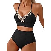 Herseas Women's Seashell Textured Bikini Sets Stitching Ribbon Shell Decoration Swimsuits High Waisted Bathing Suits