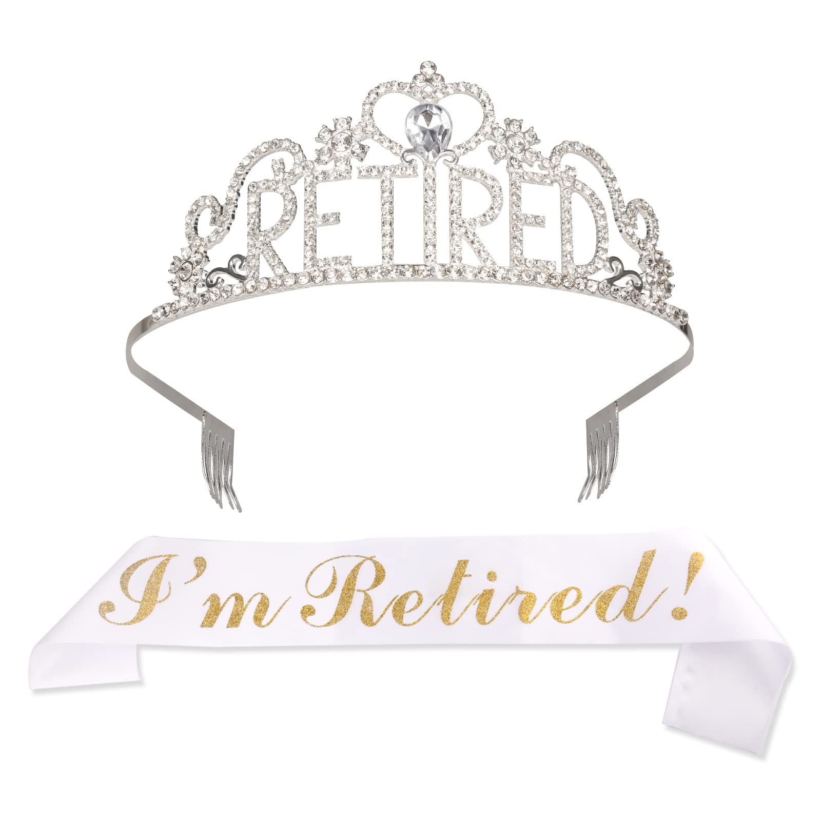 SAVITA 2pcs Retirement Crown and Sash, Silver Officially Retired Crown and Sash for Women for Retirement Party Decorations Supplies