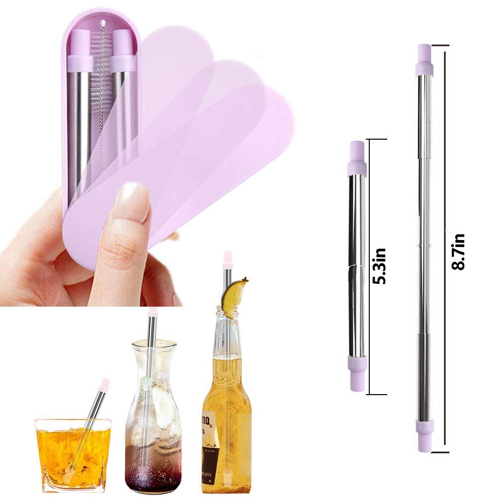 Telescopic Straws Reusable Stainless Steel, Detachable Eco-friendly Drinking Straws Keychain, Portable Case with Cleaning Brush for Travel Home Office Gift Keyring (Pink)