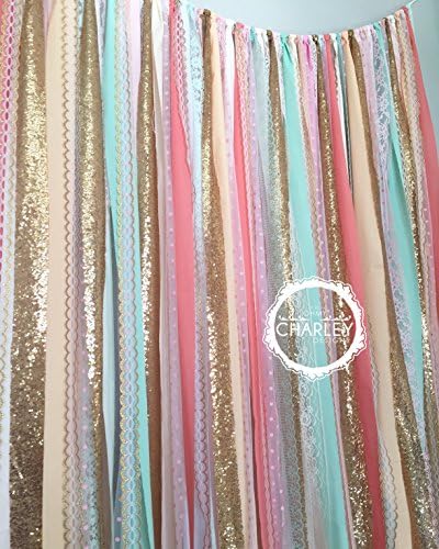 Coral, Peach, Mint, Pink & Gold Sparkle Sequin & Fabric Garland Backdrop with Lace. 5x6 - Wedding Garland, Photo Prop, Curtain, Baby Shower