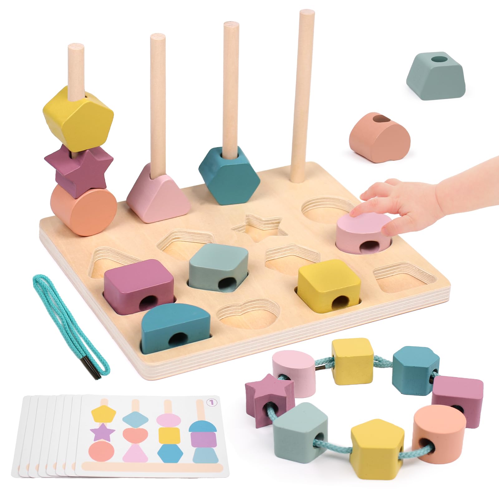 wotoyd Montessori Wooden Toys for 2 3 4 Year Olds Girls Boys,3-in-1 Fine Motor Skills Thread & Stack Toy with Learning Cards,Educational Travel Toys for Toddlers 2 3 4 Birthday Gifts Early
