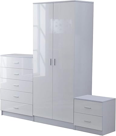 Homcom High Gloss 3 Piece Trio Bedroom Furniture Set Wardrobe Chest Of Drawer Bedside White Amazon Co Uk Garden Outdoors