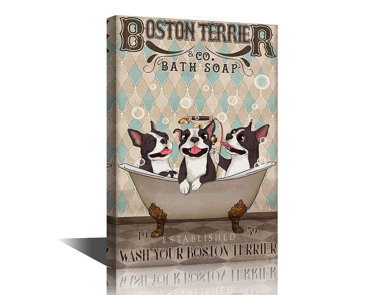 Bathroom Canvas Wall Art Boston Terrier Print Lovely Canvas Art Wall Decor Interesting Modern Canvas Art Vintage Animal Print Decoration Suitable for Living Room Dining Room Office 16"Wx24"H