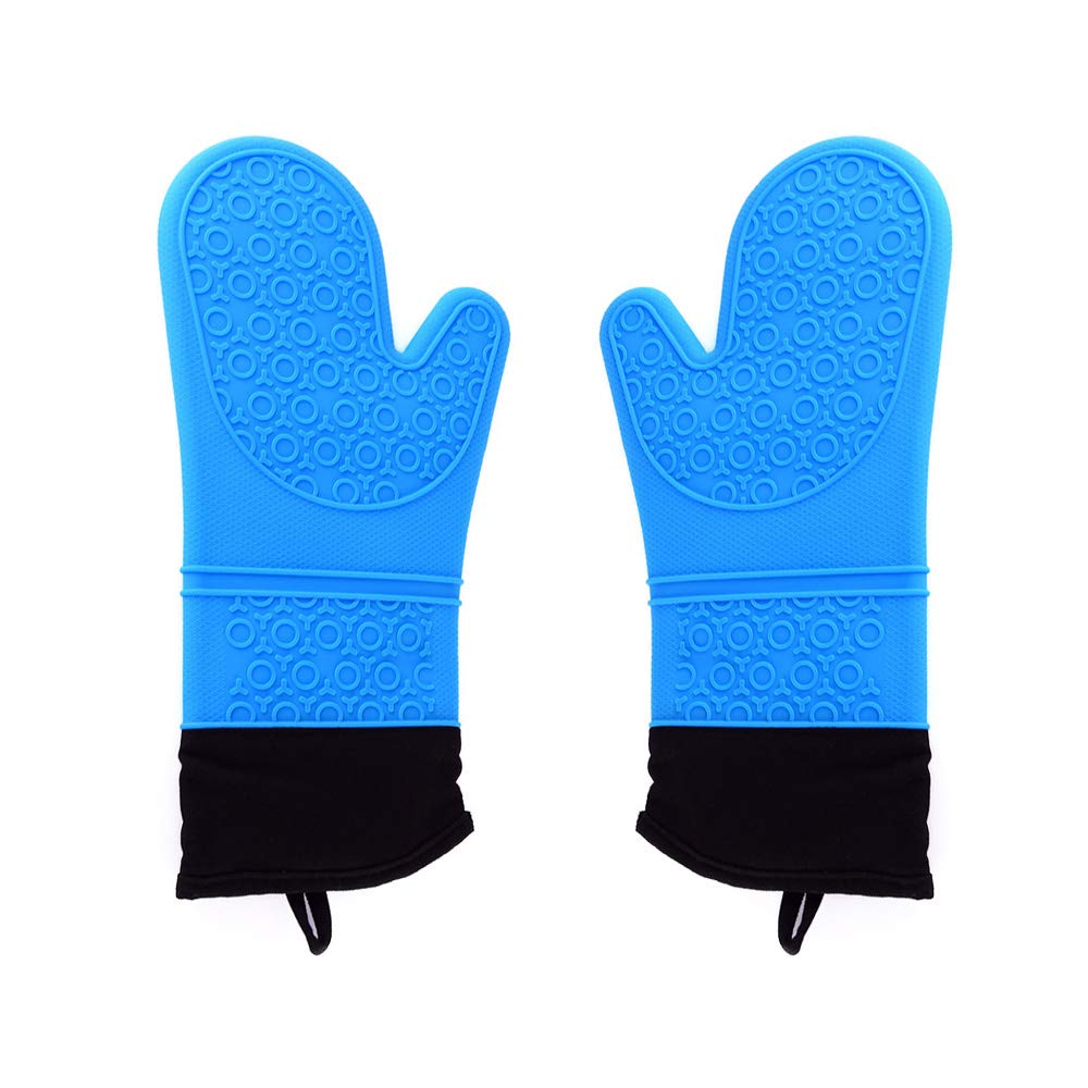 Durable Silicone Oven Mitts with Quilted Cotton Lining for Barbecue, Cooking and Baking - 1 Pair (Blue)