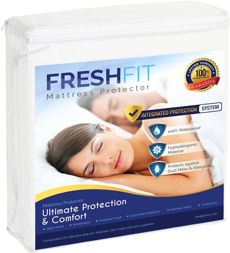 FRESHFIT Premium Bamboo Mattress Protector - Waterproof & Hypoallergenic - Noiseless Fitted Mattress Protection Cover for King Size Bed - PVC & Vinyl Free (King)